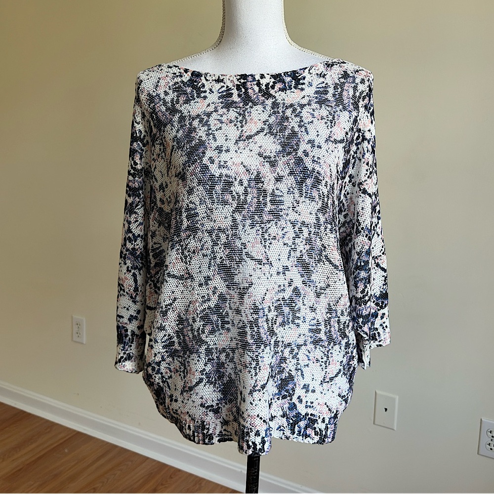 Luisa Ricci Blue/Pink/White Abstract Knit Open Shoulder Top Made in Italy M EUC